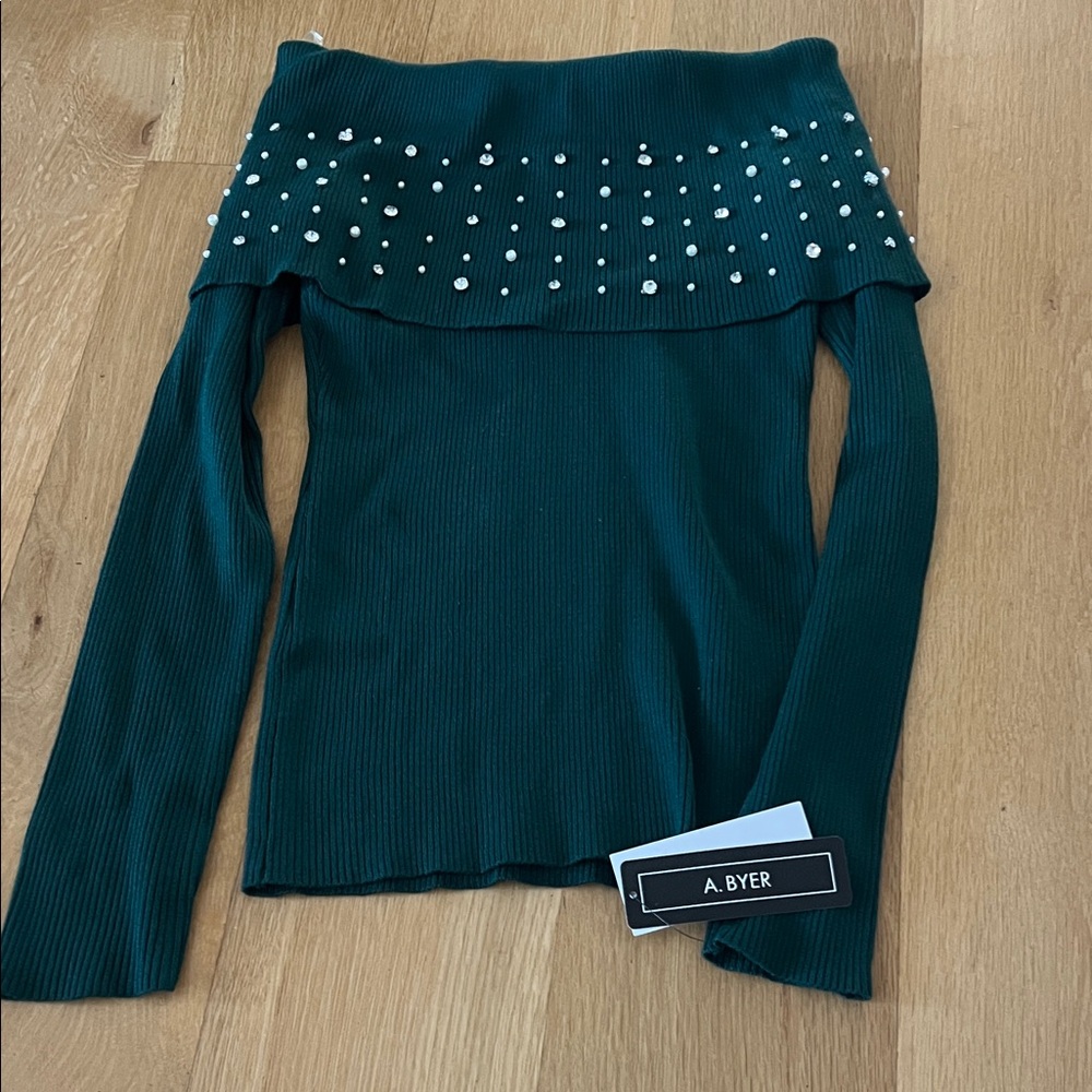 A. Byer Teal Off-Shoulder Top with Pearl Details